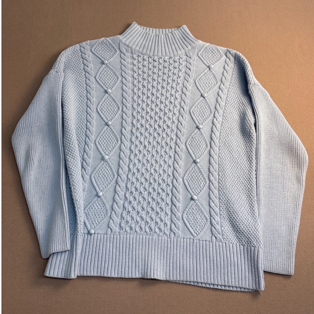 J.Crew Women Light Blue Cable Knit Bobble Mock Neck Sweater Size M 2640